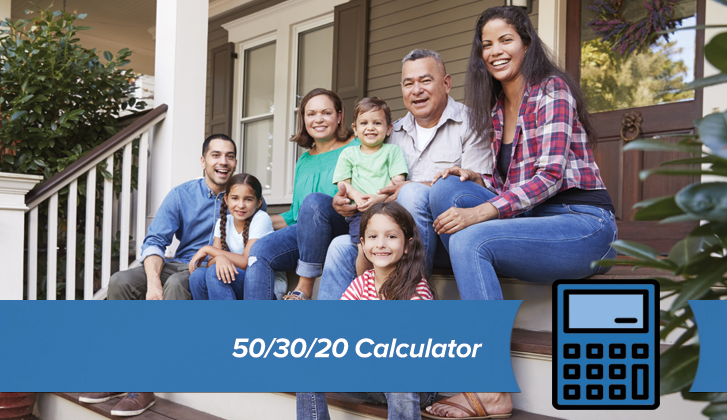 A family of six sits on their front porch. The words 50/30/20 Calculator in blue banner in the foreground.