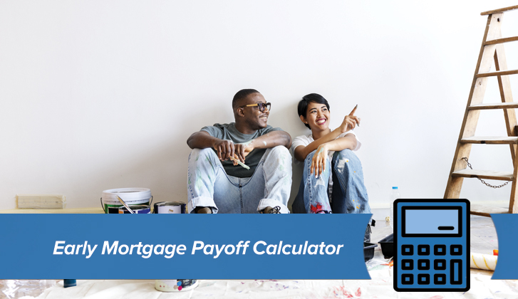 Young woman and man resting after painting wall. The words Early Mortgage Payoff Calculator in blue banner in the foreground.