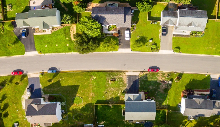 Aerial view of houses in neighborhood