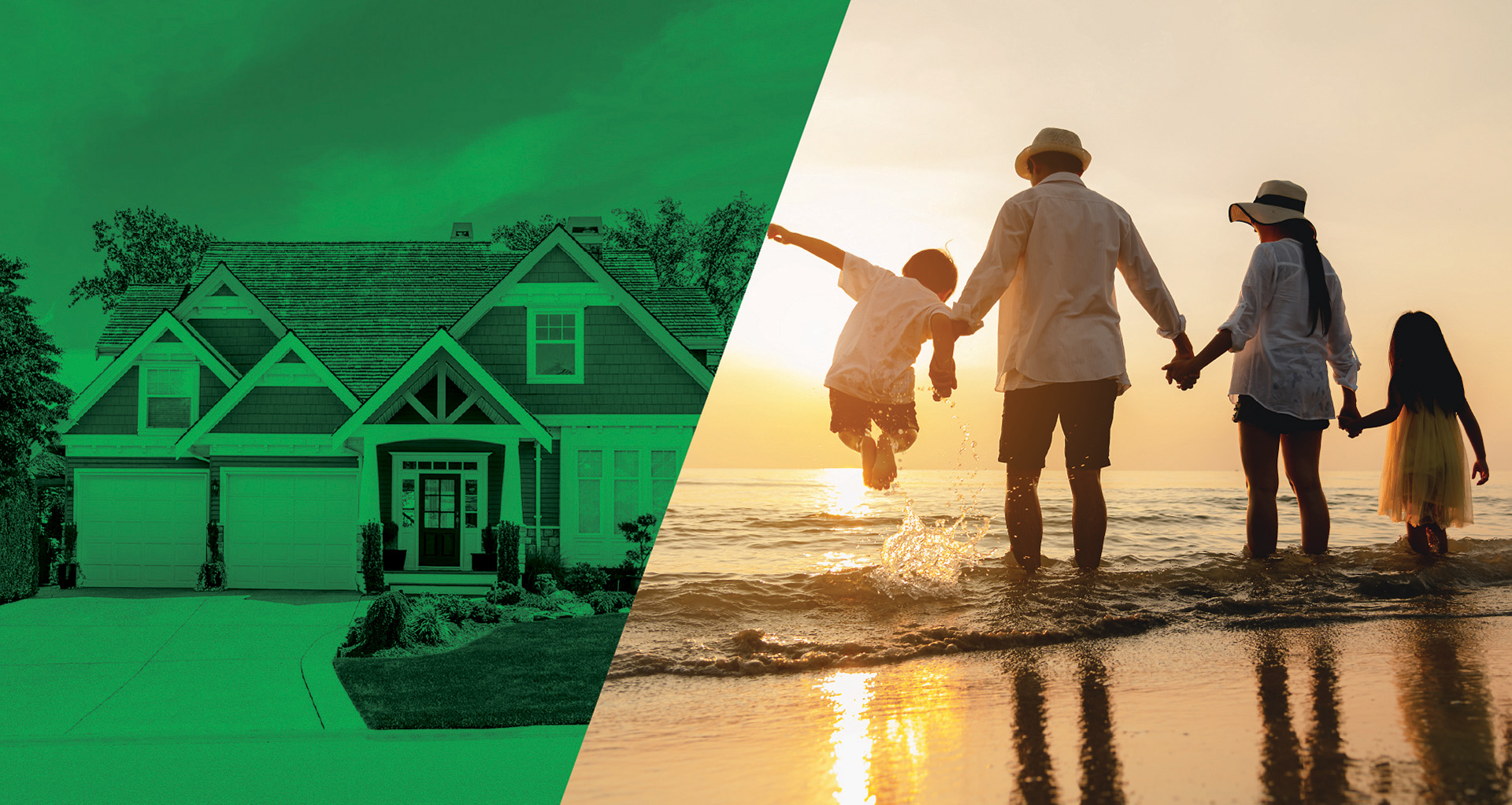 House and a family walking on the beach at sunset